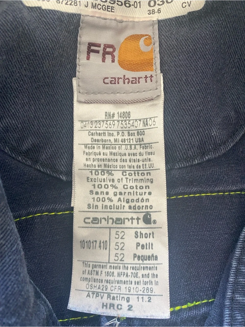Carhartt FR Work Coveralls Jumpsuit Canvas Cotton Navy Blue Sz. 52 Short